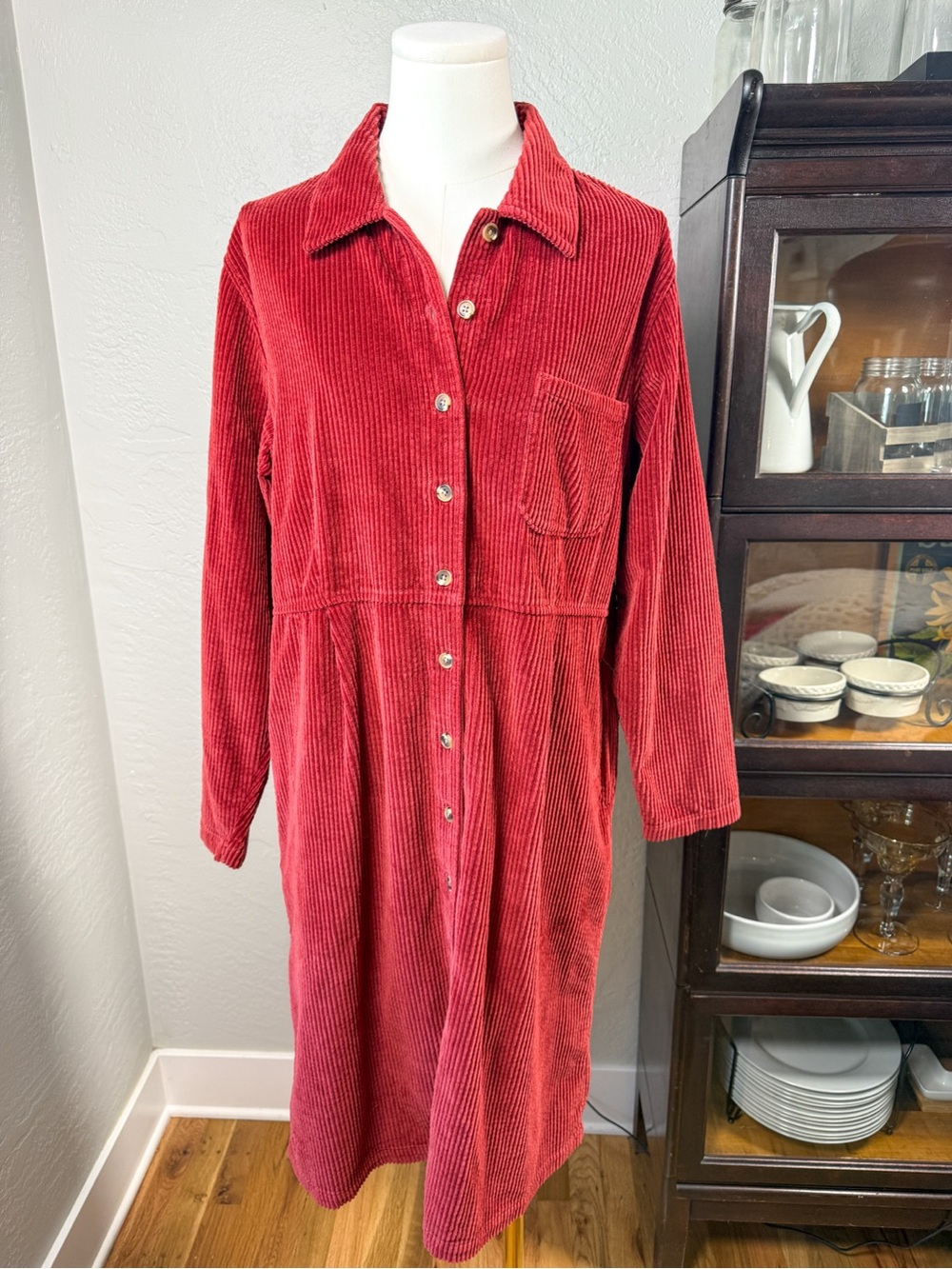 L.L.Bean Corduroy Shirt Dress Red Button Front Long Sleeve Size 14